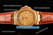 Patek Philippe Nautilus Asia Automatic Yellow Gold Case with Gold Dial Brown Leather Strap and Stick Markers