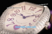 Franck Muller Heart Swiss Quartz Steel Case with Purple Leather Strap Diamond Bezel and White Dial - ETA Coating