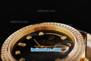 Rolex Day-Date II Automatic Movement Full Gold with Double Row Diamond Bezel-Black Dial and Diamond Markers