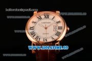 Cartier Rotonde De Miyota Quartz Rose Gold Case with White Dial Roman Numeral Markers and Brown Leather Strap