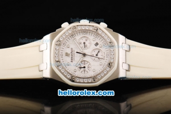 Audemars Piguet Royal Oak Swiss Valjoux 7750 Chronograph Movement White Dial with Diamond Bezel and White Rubber Strap