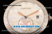 Cartier Rotonde De Miyota Quartz Stainless Steel Case with Silver Dial and Diamonds Bezel