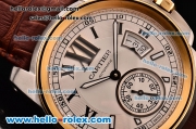 Cartier Calibre De Swiss ETA 2824 Automatic Steel Case Gold Bezel with Brown Leather Strap and White Dial