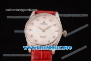 Omega De Ville Prestige Miyota Quartz Steel Case with White MOP Dial Diamonds Bezel and Red Leather Strap