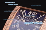 Franck Muller Long Island Swiss Quartz Rose Gold Case Diamond Bezel with Blue Leather Strap and Blue Dial