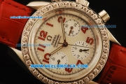 Omega Speedmaster Automatic Steel Case with Diamond Bezel and White Dial-Red Leather Strap