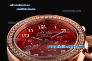 Omega Speedmaster Chrono Swiss Quartz Rose Gold Case Diamond Bezel with Red Leather Strap and Red Dial Numeral Markers