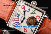 Minorva Swiss Tourbillon Manual Winding Steel Case with White Dial Orange Leather Strap and Colorful Arabic Numeral Markers