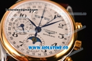 Longines Master Moonphase Chrono Swiss Valjoux 7751 Automatic Steel Case with Yellow Gold Bezel Arabic Numeral Markers and White Dial - 1:1 Original