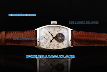 Franck Muller Swiss Tourbillon Manual Winding Movement Steel Case with White Dial and Brown Leather Strap