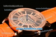 Cartier Rotonde De Swiss Quartz Rose Gold Case with Diamonds Bezel Skeleton Dial and Orange Leather Strap