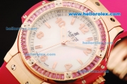 Hublot Big Bang Swiss Quartz Movement Rose Gold Case with Pink Diamond Bezel and Pink Rubber Strap