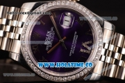 Rolex Datejust Asia 2813 Automatic Steel Case with Diamonds Bezel Purple Dial and Roman Numeral Markers (BP)