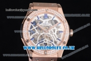 Hublot Classic Fusion Skeleton Asia Automatic Rose Gold Case with Skeleton Dial Diamonds Bezel and Blue Rubber Strap