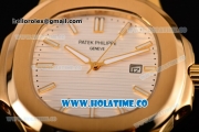 Patek Philippe Nautilus Asia Automatic Yellow Gold Case with White Dial Black Leather Strap and Stick Markers