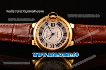 Cartier Ballon Bleu De Medium Asia 4813 Automatic Yellow Gold Case with Silver Dial and Brown Leather Strap - Roman Numeral Markers (GF)