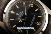 Rolex Explorer Automatic Movement Steel Case with Black Dial-Yellow Markers and Grey Nylon Strap