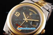 Rolex Day-Date II Oyster Perpetual Automatic Movement Two Tone with Gold Bezel and Flower Pattern Black Dial