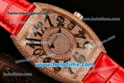 Franck Muller Cintree Curvex Swiss Quartz Rose Gold/Diamonds Case with Diamonds Dial Black Numeral Markers and Red Leather Strap