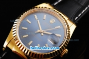 Rolex Datejust Swiss ETA 2836 Automatic Movement Gold Case with Royal Blue Dial and Black Leather Strap