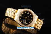 Rolex Day Date II Automatic Movement Full Gold with Diamond Bezel-Black Dial and Diamond Markers