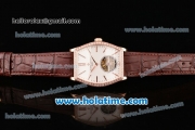 Vacheron Constantin Malte Tourbillon Swiss Tourbillon Manual Winding Rose Gold Case with Brown Alligator Strap White Dial and Diamond Bezel