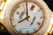 Rolex Day-Date II Automatic Movement Full Gold with Double Row Diamond Bezel-White MOP Dial and Diamond Markers