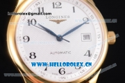 Longines Master Date Swiss ETA 2824 Automatic Yellow Gold Case with White Dial Arabic Numeral Markers and Brown Leather Strap