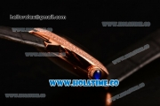 Cartier Rotonde De Swiss Quartz Rose Gold Case with Black Guilloche Dial Diamonds Bezel and Black Leather Strap