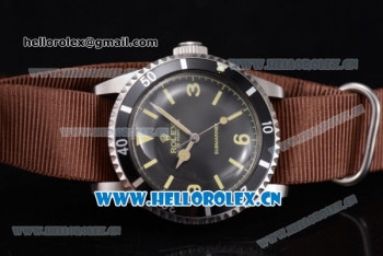 Rolex Submariner Vintage Asia 2813 Automatic Steel Case with Black Dial Stick/Arabic Number Markers and Brown Nylon Strap