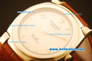 Rolex Cellini Swiss Quartz Yellow Gold Case with Yellow Gold Dial and Brown Leather Strap-Numeral Markers