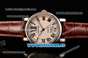 Cartier Rotonde De Miyota Quartz Steel Case with White Dial and Brown Leather Strap - Roman Numeral Markers