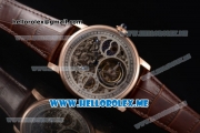 Cartier Ronde De MoonPhase Swiss Tourbillon Manual Winding Rose Gold Case with Skeleton Dial and Brown Leather Strap