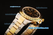 Rolex Daytona Chronograph Swiss Valjoux 7750 Automatic Movement Steel Case with Black Dial and Gold Bezel-Two Tone Strap