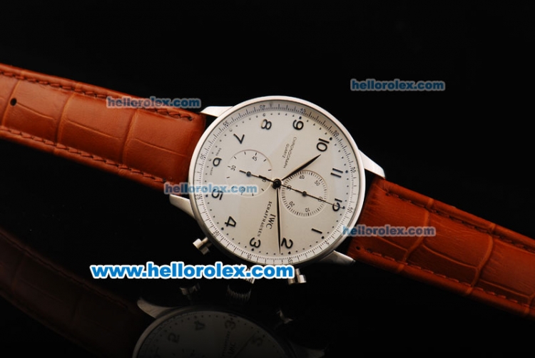 IWC Portuguese Chronograph Quartz Movement Steel Case with White Dial and Brown Leather Strap - Click Image to Close