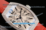 Franck Muller Art Deco Miyota Quartz Steel Case with Diamond Bezel Red Leather Bracelet and Black Markers