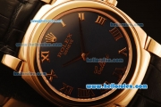 Rolex Cellini Swiss Quartz Rose Gold Case with Dark Blue Dial and Black Leather Strap-Roman Markers