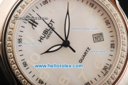 Hublot Swiss Quartz Movement Steel Case with White Dial and Diamond Bezel-White Rubber Strap