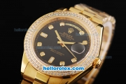 Rolex Day-Date II Automatic Movement Full Gold with Double Row Diamond Bezel-Black Dial and Diamond Markers