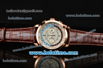 Patek Philippe Complicated World Time Chrono Miyota Quartz Rose Gold Case with Brown Leather Strap and White Dial