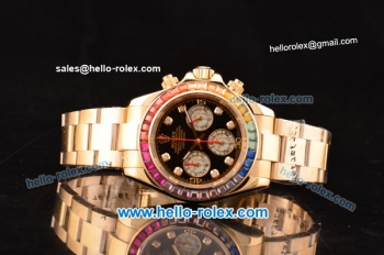 Rolex Daytona Chronograph Miyota OS20 Quartz Gold Case/Strap with Colorful Diamond Bezel and Black Dial