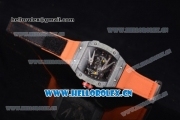 Richard Mille RM027-2 Miyota 9015 Automatic Carbon Fiber Case with Skeleton Dial Dot Markers and Oranger Nylon Strap