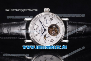 Patek Philippe Grand Complication Swiss Tourbillon Automatic Steel Case with White Dial Black Leather Strap and Roman Numeral Markers