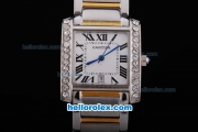 Cartier Tank Quartz Movement Diamond Bezel with White Dial and Two Tone Strap