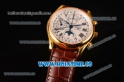 Longines Master Moonphase Chrono Swiss Valjoux 7751 Automatic Yellow Gold Case with White Dial and Roman Numeral Markers - 1:1 Original