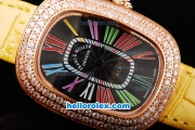 Franck Muller Galet Quartz Movement RG Case with Black Dial and Diamond Bezel-Yellow Leather Strap