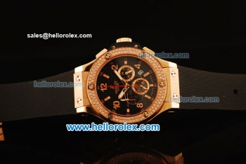 Hublot Big Bang Diamond Bezel Chronograph Swiss Quartz Rose Gold Case With Black Dial and Black Rubber Strap