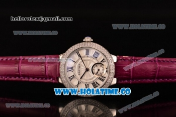 Cartier Ballon Bleu De Small Swiss Quartz Steel Case with Diamonds Bezel White Dial and Burgundy Leather Strap - Black Markers