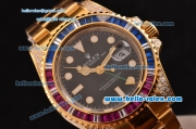Rolex GMT-Master II Swiss ETA 2836 Automatic Gold Case with Colorful Diamond Bezel Black Dial and Yellow Gold Strap