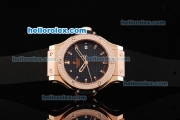 Hublot Big Bang Swiss Quartz Movement Black Grid Dial with Diamond Bezel and Rose Gold Stick Markers-Lady Size